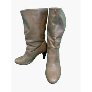 Vintage-Inspired Taupe Mid-Calf Boots With Cone Heels & Western-Inspired Style